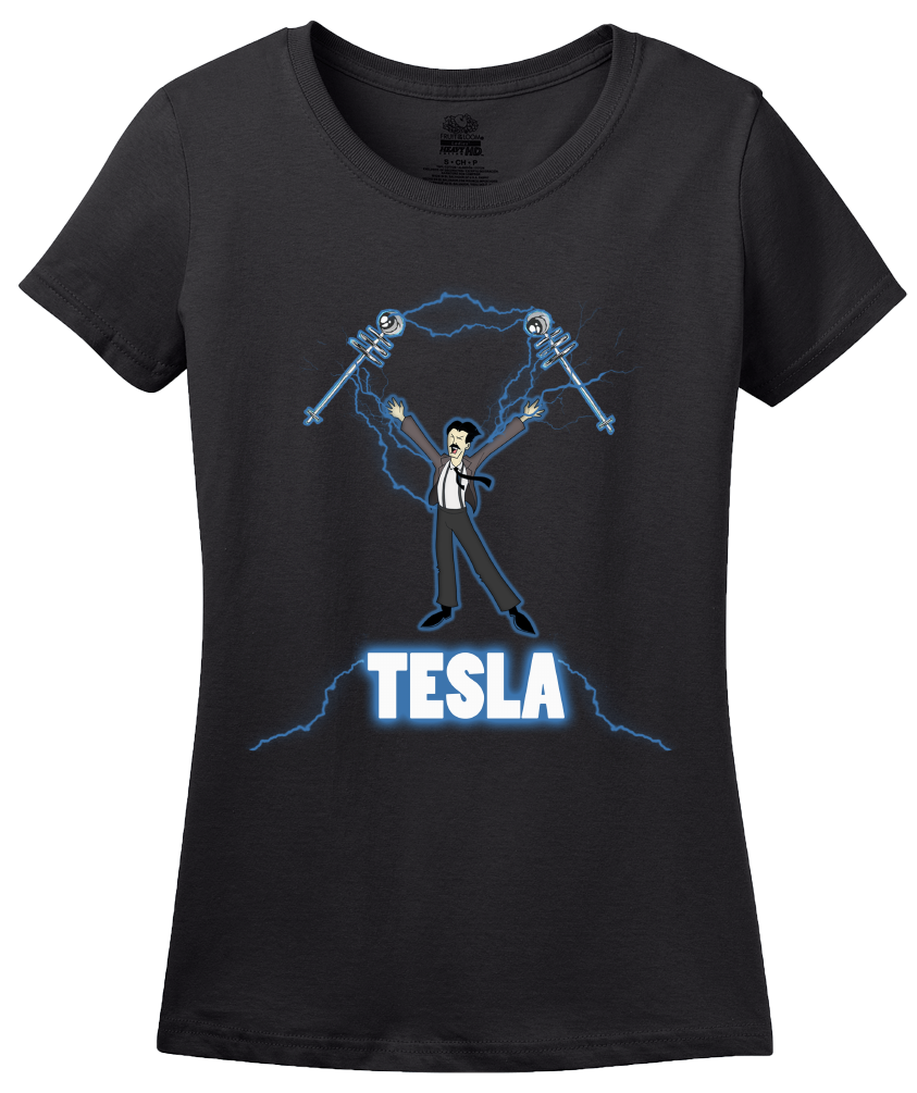 Ladies Black Nikola Tesla Coil - Engineering Funny Electricity AC Humor Nerd T-shirt