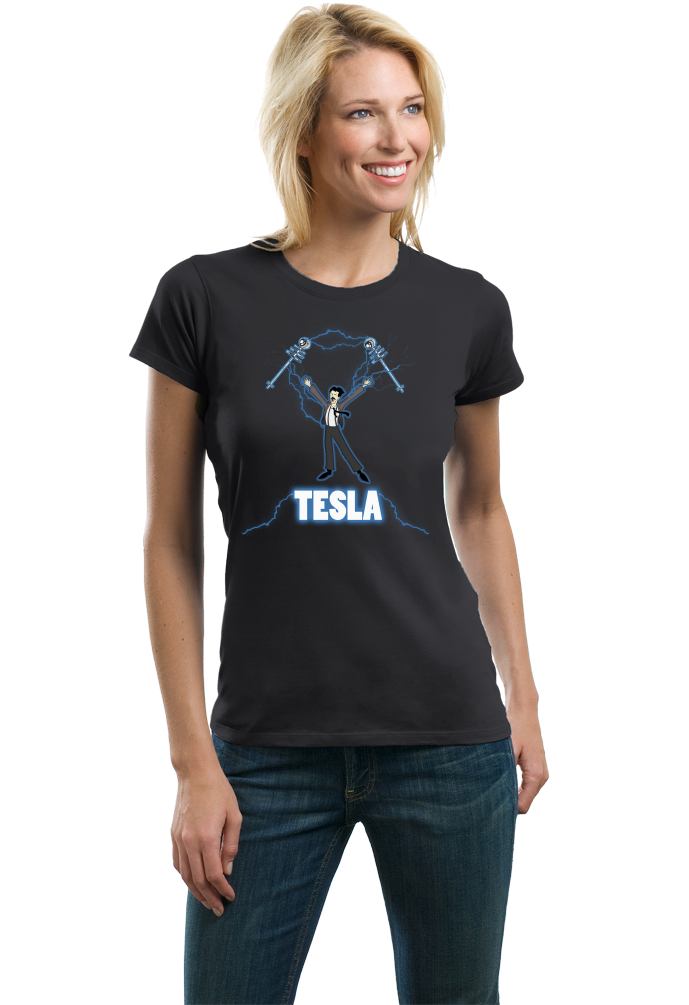 Ladies Black Nikola Tesla Coil - Engineering Funny Electricity AC Humor Nerd T-shirt