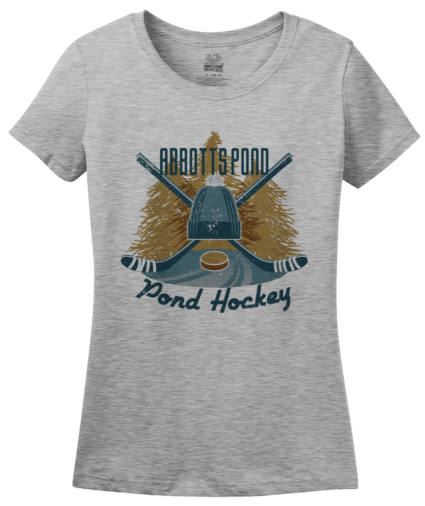 Ladies Grey Abbotts Pond, MA Pond Hockey Old Time T-shirt