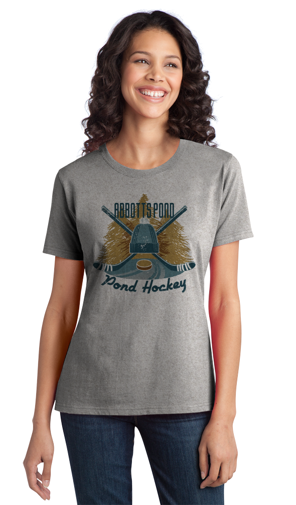 Ladies Grey Abbotts Pond, MA Pond Hockey Old Time T-shirt