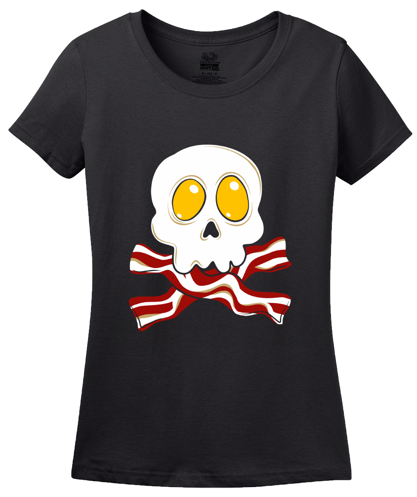 Ladies Black Bacon N' Eggs Skull - Breakfast Humor T-shirt