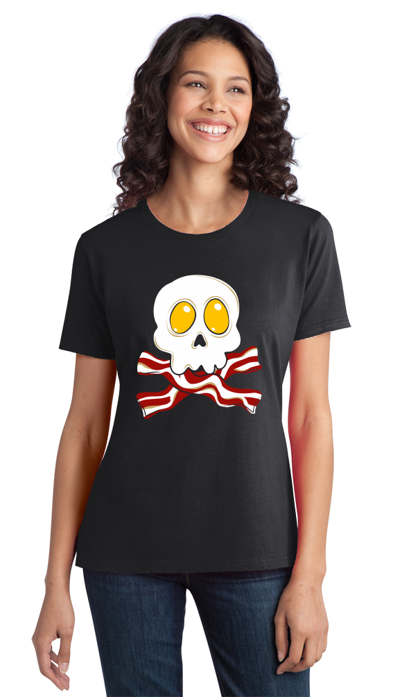 Ladies Black Bacon N' Eggs Skull - Breakfast Humor T-shirt