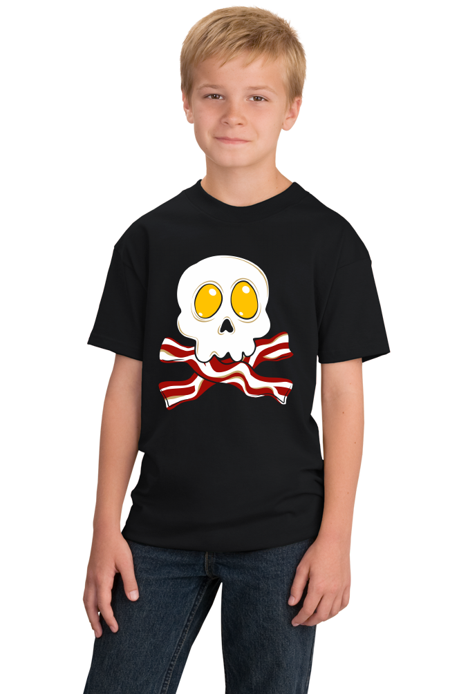 Youth Black Bacon N' Eggs Skull - Breakfast Humor T-shirt
