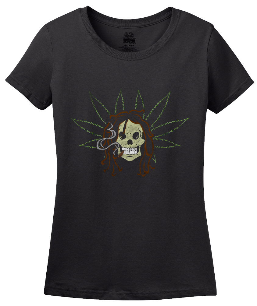 Ladies Black Skull & Dreads - Rasta Skull Stoner Art Funny Ganja Weed Cool T-shirt