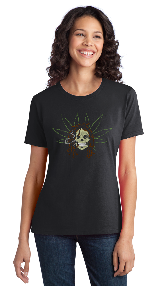 Ladies Black Skull & Dreads - Rasta Skull Stoner Art Funny Ganja Weed Cool T-shirt