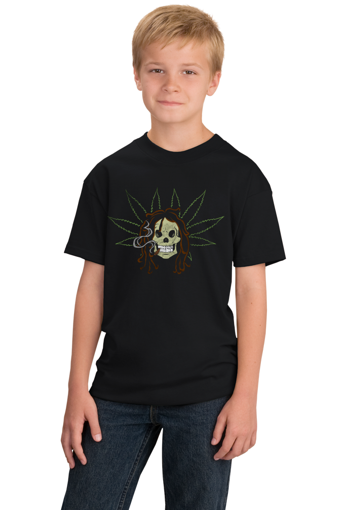 Youth Black Skull & Dreads - Rasta Skull Stoner Art Funny Ganja Weed Cool T-shirt