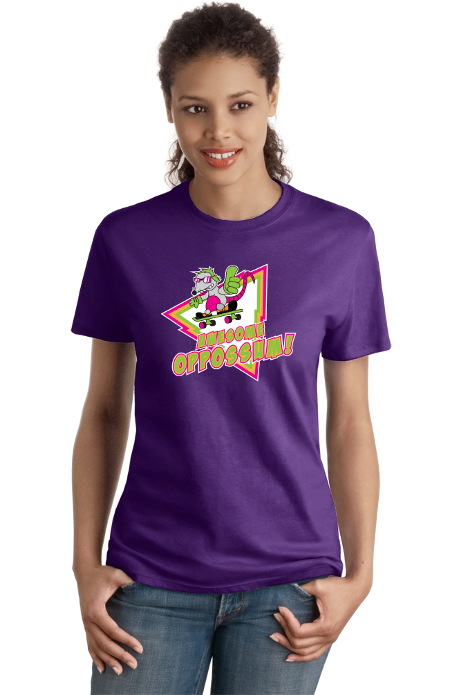 Ladies Purple Awesome Oppossum! - Funny 80s Nostalgia Skateboarding Joke T-shirt