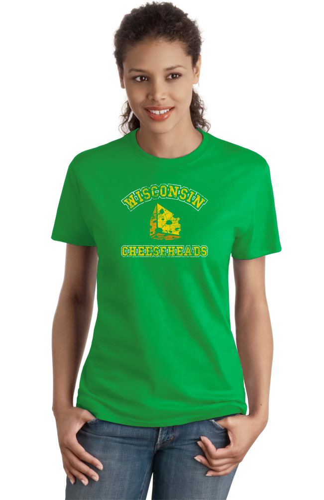 Ladies Green Cheesehead - Wisconsin Pride Raised on the Dairy T-shirt
