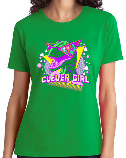 Ladies Green Clever Girl - Radical 90s Raptor - Dinosaur Rampage Fan T-shirt