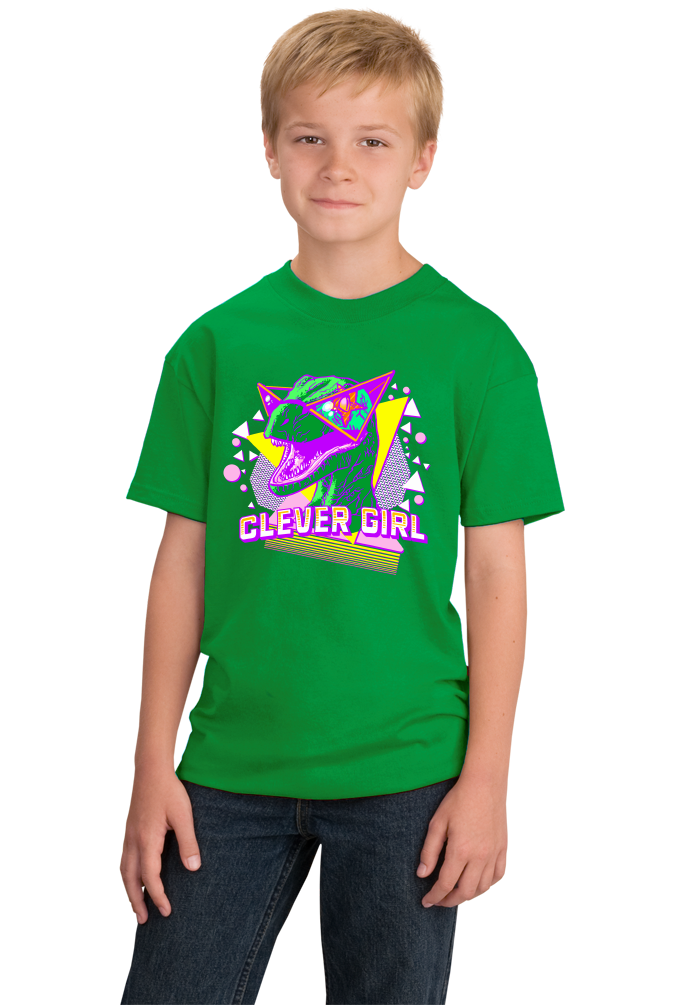 Youth Green Clever Girl - Radical 90s Raptor - Dinosaur Rampage Fan T-shirt