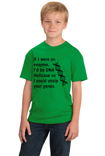 Youth Green DNA Helicase - Unzip Your Genes - Nerd Humor Geek Pick-Up Line T-shirt