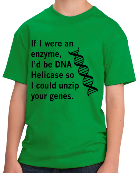 Youth Green DNA Helicase - Unzip Your Genes - Nerd Humor Geek Pick-Up Line T-shirt