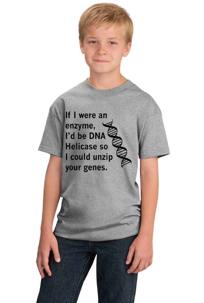 Youth Grey DNA Helicase - Unzip Your Genes - Nerd Humor Geek Pick-Up Line T-shirt