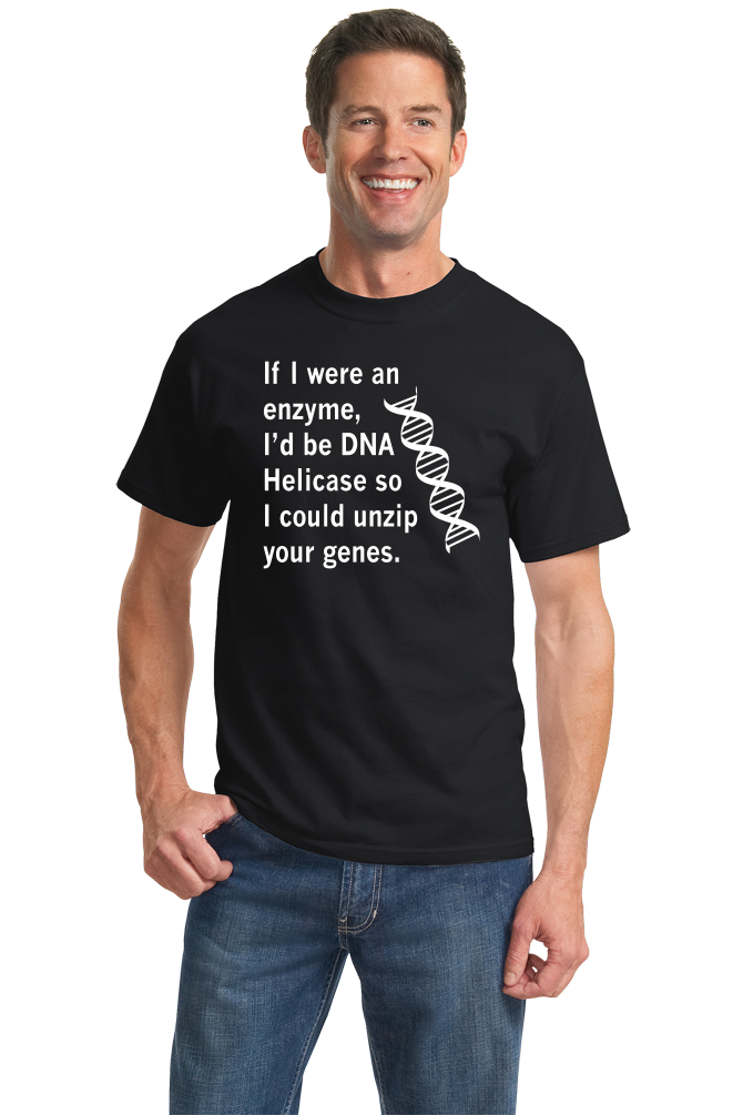Standard Black DNA Helicase - Unzip Your Genes - Nerd Humor Geek Pick-Up Line T-shirt