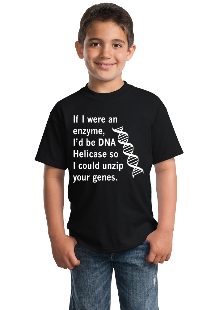 Youth Black DNA Helicase - Unzip Your Genes - Nerd Humor Geek Pick-Up Line T-shirt