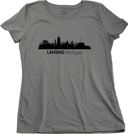 Ladies Grey Skyline Of Lansing, Michigan - Michigan State Capital Love T-shirt