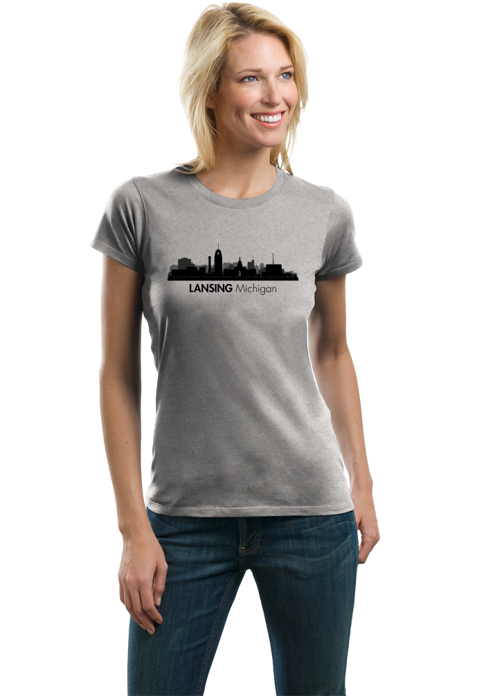 Ladies Grey Skyline Of Lansing, Michigan - Michigan State Capital Love T-shirt