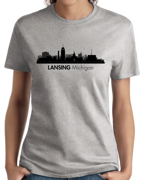 Ladies Grey Skyline Of Lansing, Michigan - Michigan State Capital Love T-shirt