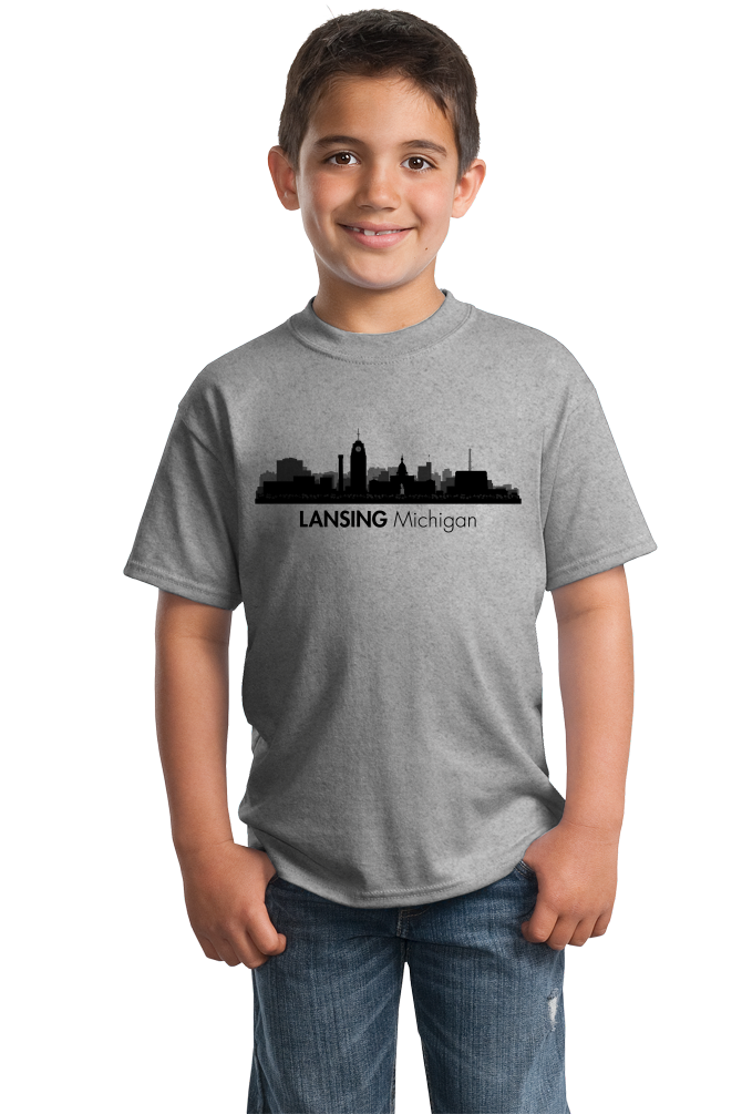 Youth Grey Skyline Of Lansing, Michigan - Michigan State Capital Love T-shirt