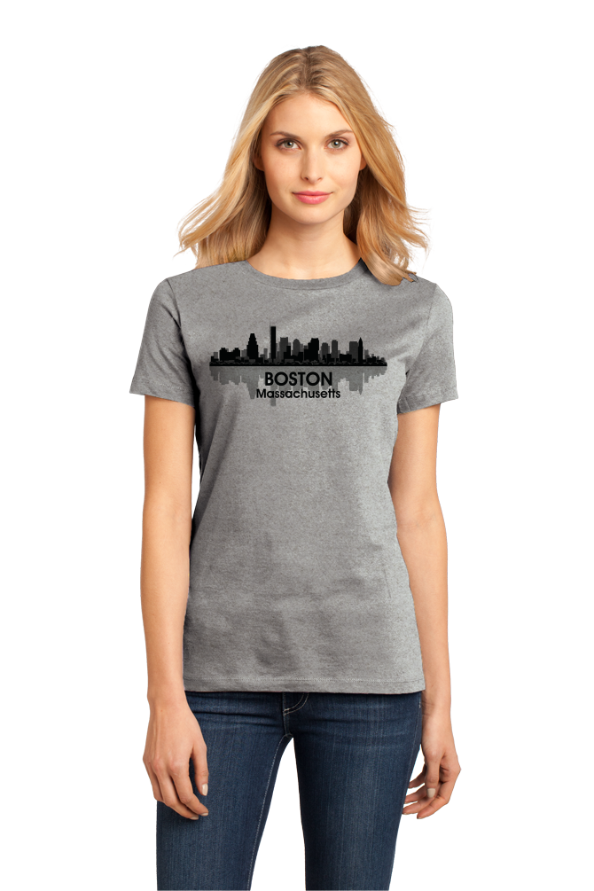Ladies Grey Boston, Ma City Skyline - Beantown Pride Patriots Red Sox Love T-shirt
