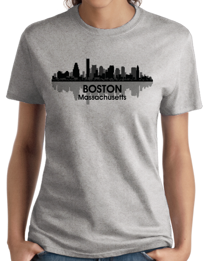 Ladies Grey Boston, Ma City Skyline - Beantown Pride Patriots Red Sox Love T-shirt