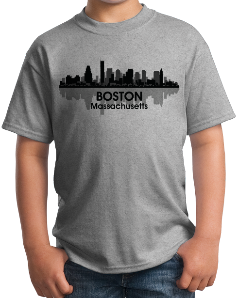 Youth Grey Boston, Ma City Skyline - Beantown Pride Patriots Red Sox Love T-shirt