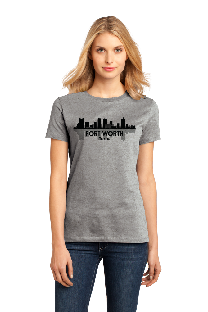 Ladies Grey Fort Worth City Skyline - Texas Pride Van Cliburn Cattle Drive T-shirt