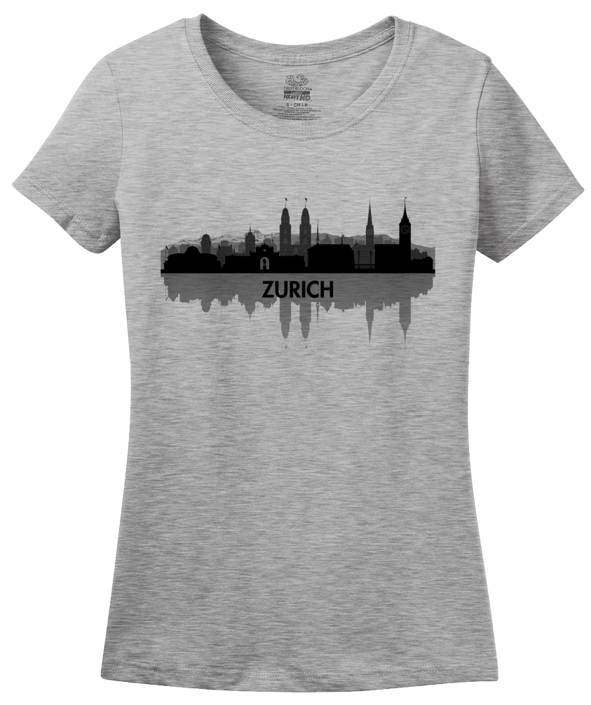 Ladies Grey Skyline Of Zurich, Switzerland - Swiss Pride Love City Banking T-shirt