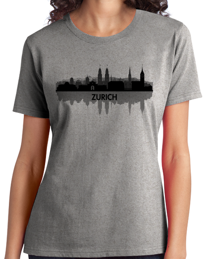 Ladies Grey Skyline Of Zurich, Switzerland - Swiss Pride Love City Banking T-shirt