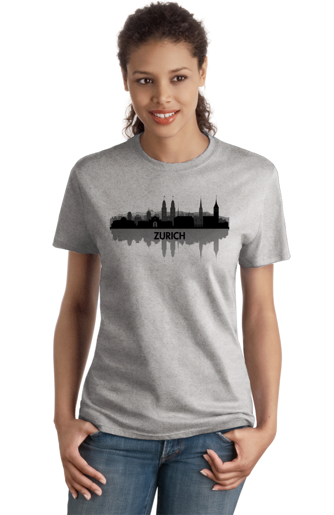 Ladies Grey Skyline Of Zurich, Switzerland - Swiss Pride Love City Banking T-shirt