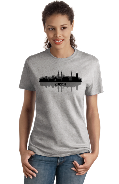 Ladies Grey Skyline Of Zurich, Switzerland - Swiss Pride Love City Banking T-shirt