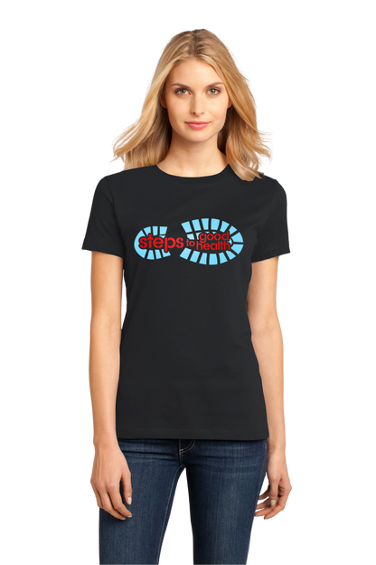 Ladies Black Footprint Logo on Black T-shirt