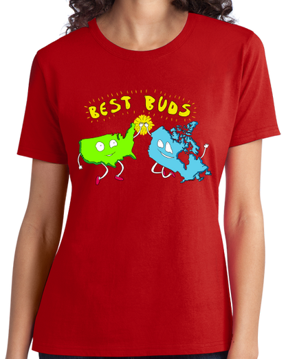 Ladies Red USA & Canada = Best Buds! - Canada Love America Funny T-shirt