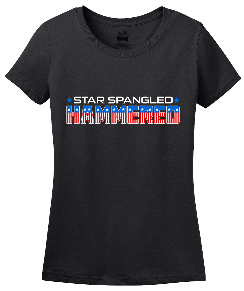 Ladies Black Star Spangled Hammered - 4th of July Drunk Joke Freedom Patriot T-shirt
