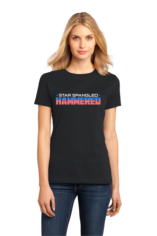 Ladies Black Star Spangled Hammered - 4th of July Drunk Joke Freedom Patriot T-shirt