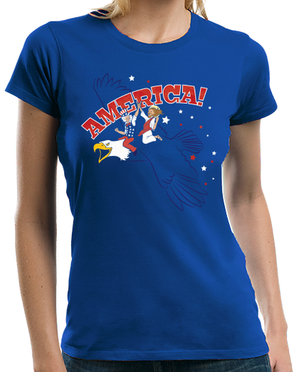 Ladies Royal Jesus + Uncle Sam Riding Eagle - God Bless America Ironic T-shirt